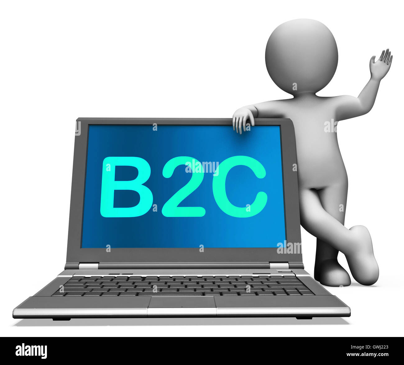 B2c-Laptop und Charakter zeigt Business Kunden oder Verbraucher Stockfoto