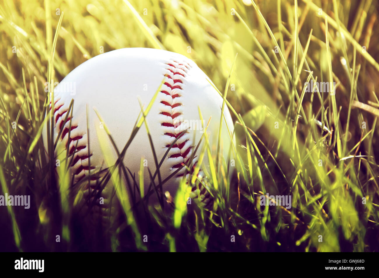 Baseball-Spiel. Baseball-Ball im Rasen. Instagram Vintage Bild. Stockfoto