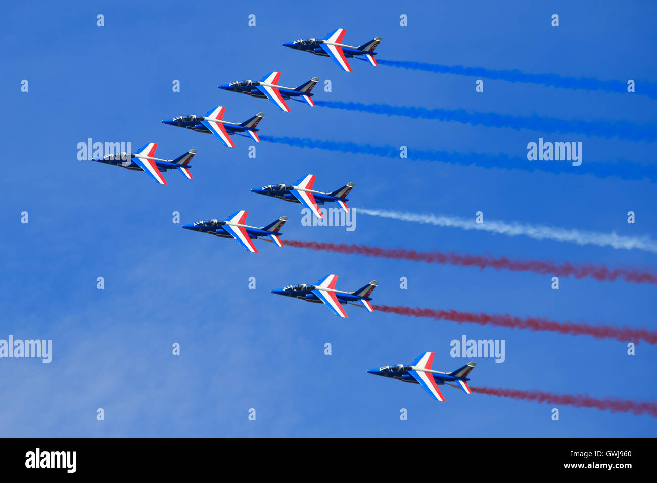 Französische Luftwaffe, Alpha Jets der Patrouille de France bei Airpower in Zeltweg, Österreich Stockfoto