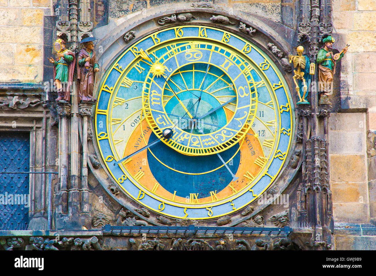 Prag. Nahaufnahme von Orloj astronomische Uhr. Stockfoto