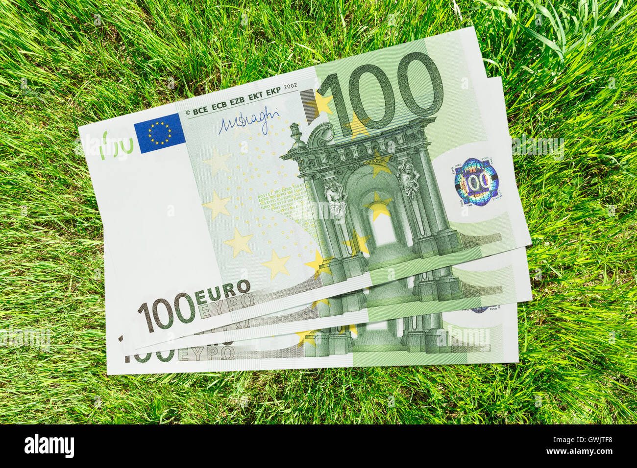 100 Euro-Banknoten auf Rasen Hintergrund Stockfoto