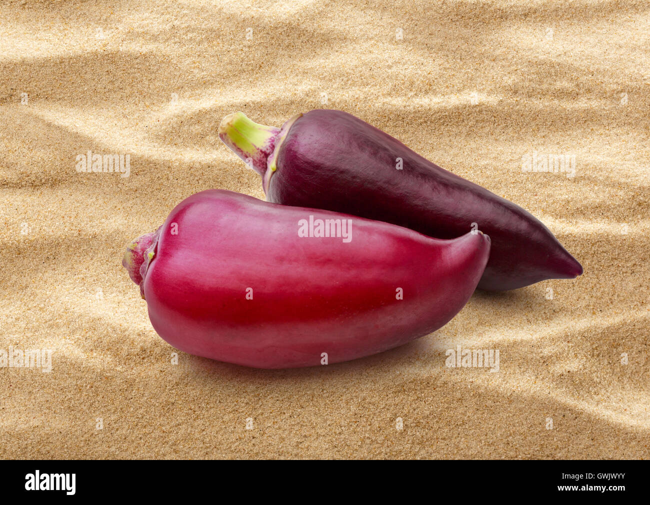 Rote Paprika Pfeffer auf Sand Hintergrund closeup Stockfoto