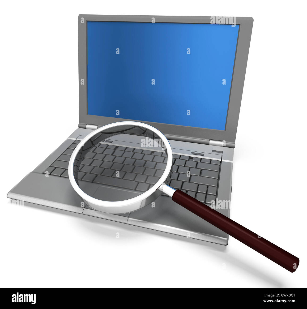 Lupe und Laptop zeigt Suche Suche und Forschung Stockfoto