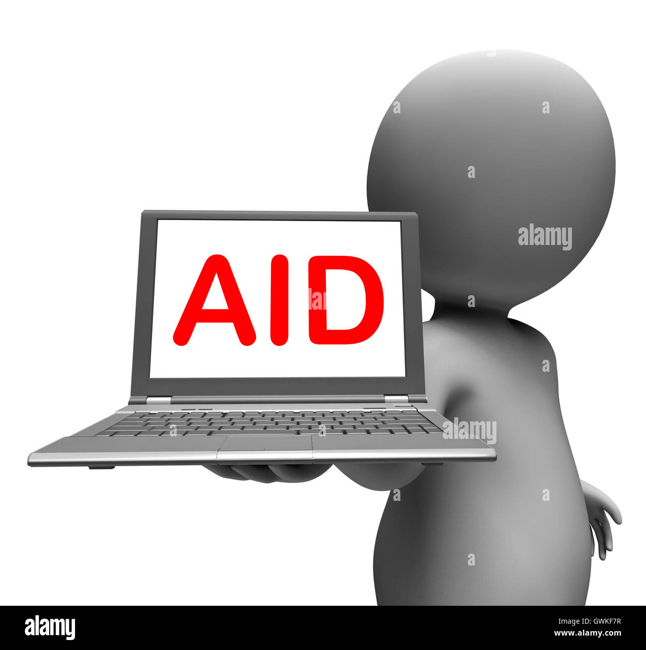 Charakter Laptop zeigt Hilfe Hilfe, Unterstützung oder Entlastung Stockfoto