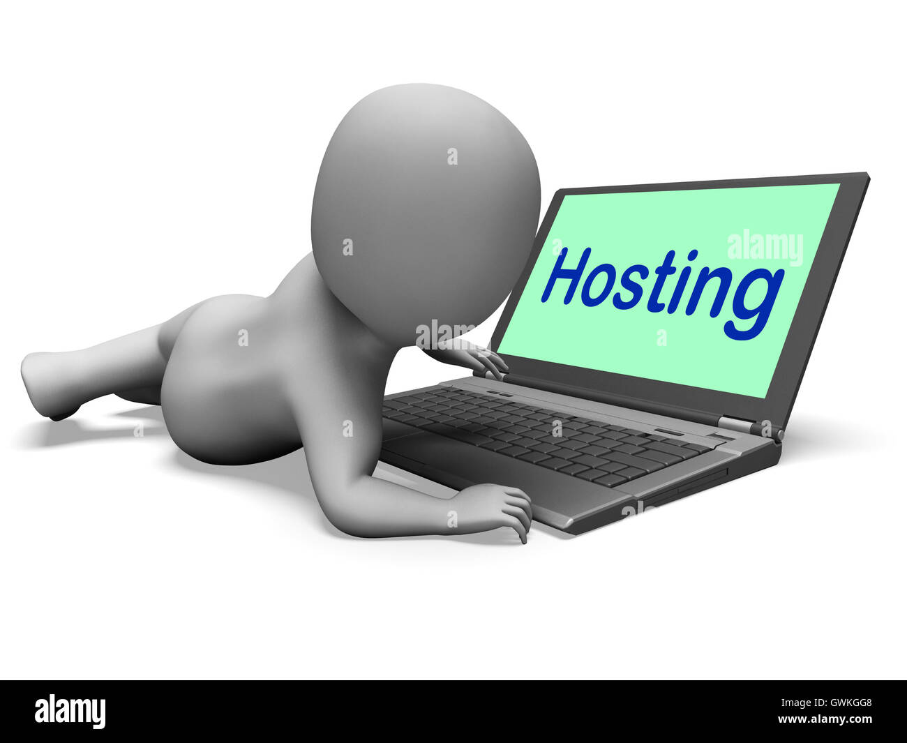 Hosting-Charakter Laptop zeigt Www Internet oder Website-Host Stockfoto