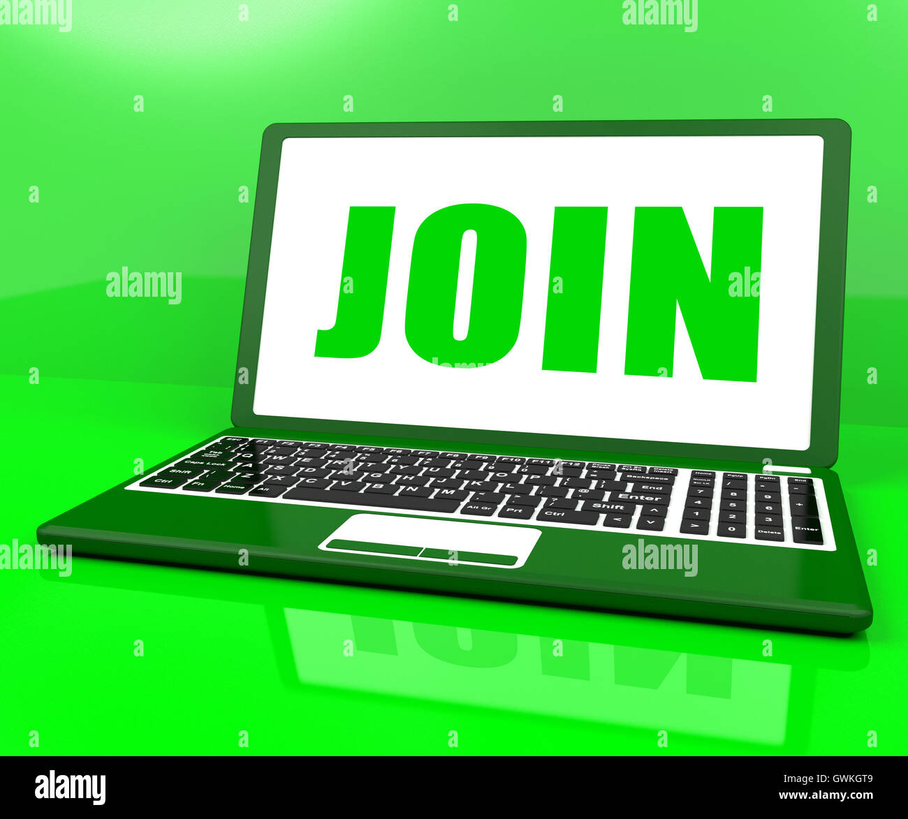 Begleiten Sie auf Laptop zeigt Register Mitgliedschaft oder freiwilligen Online Stockfoto