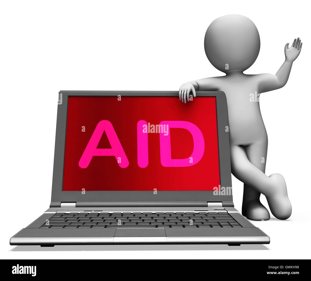 Hilfe und Charakter Laptop zeigt Unterstützung Unterstützung helfen oder Relie Stockfoto