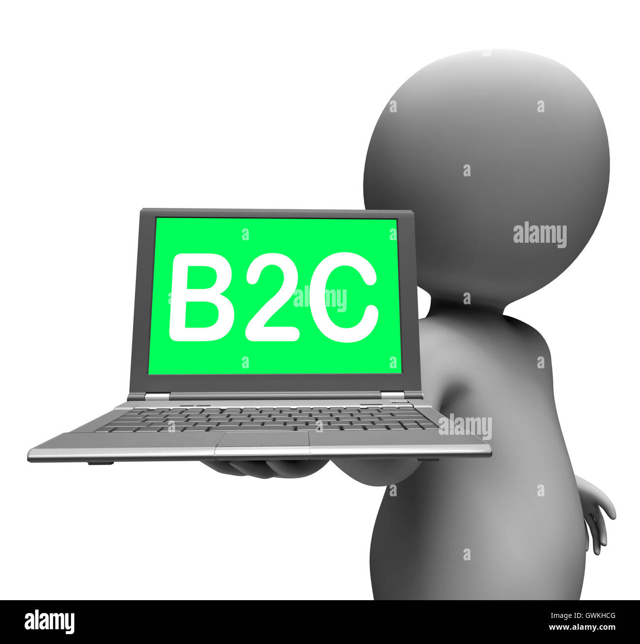 B2c Laptop Charakter zeigt Retail-Geschäft an Kunden oder Consum Stockfoto