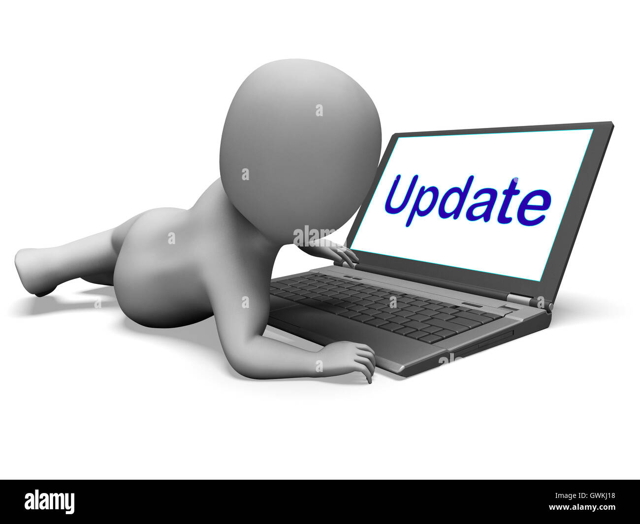 Update Charakter Laptop bedeutet Update ändern oder aktualisieren Stockfoto