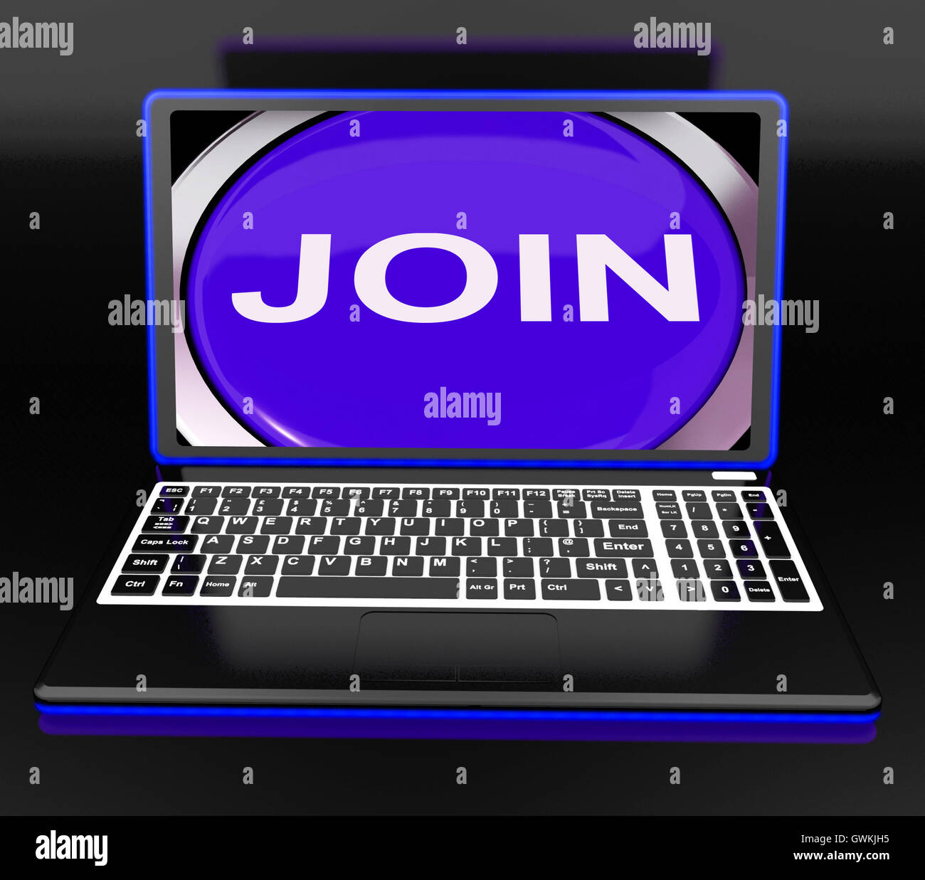 Join auf Laptop zeigt registrierte Mitgliedschaft oder freiwilligen Online Stockfoto