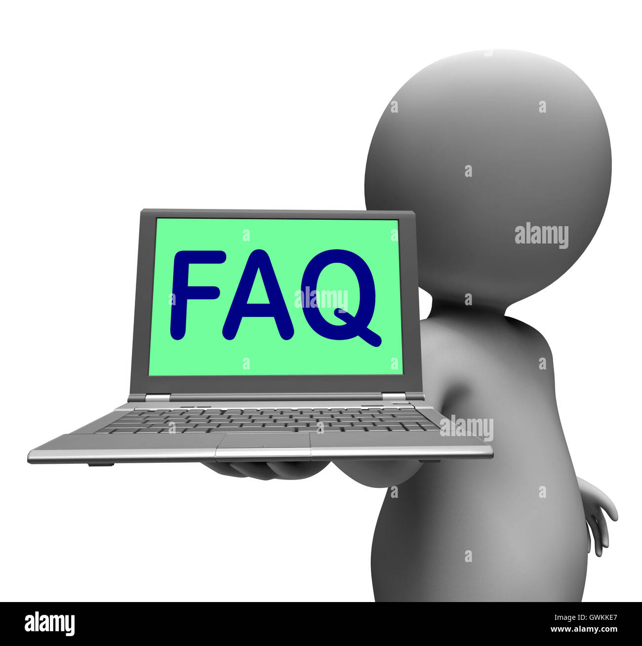 FAQ-Laptop Charakter zeigt Antworten und häufig gestellte Fragen Stockfoto