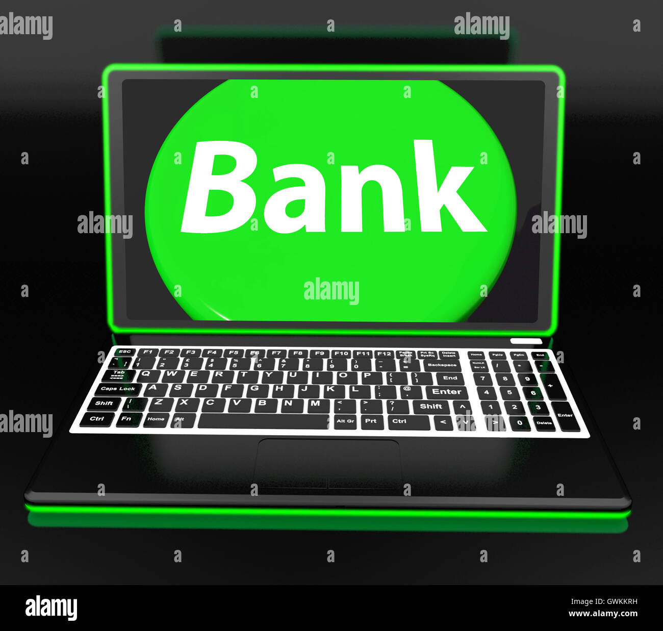 Bank auf Laptop zeigt Internet Www oder Electronic Banking Stockfoto