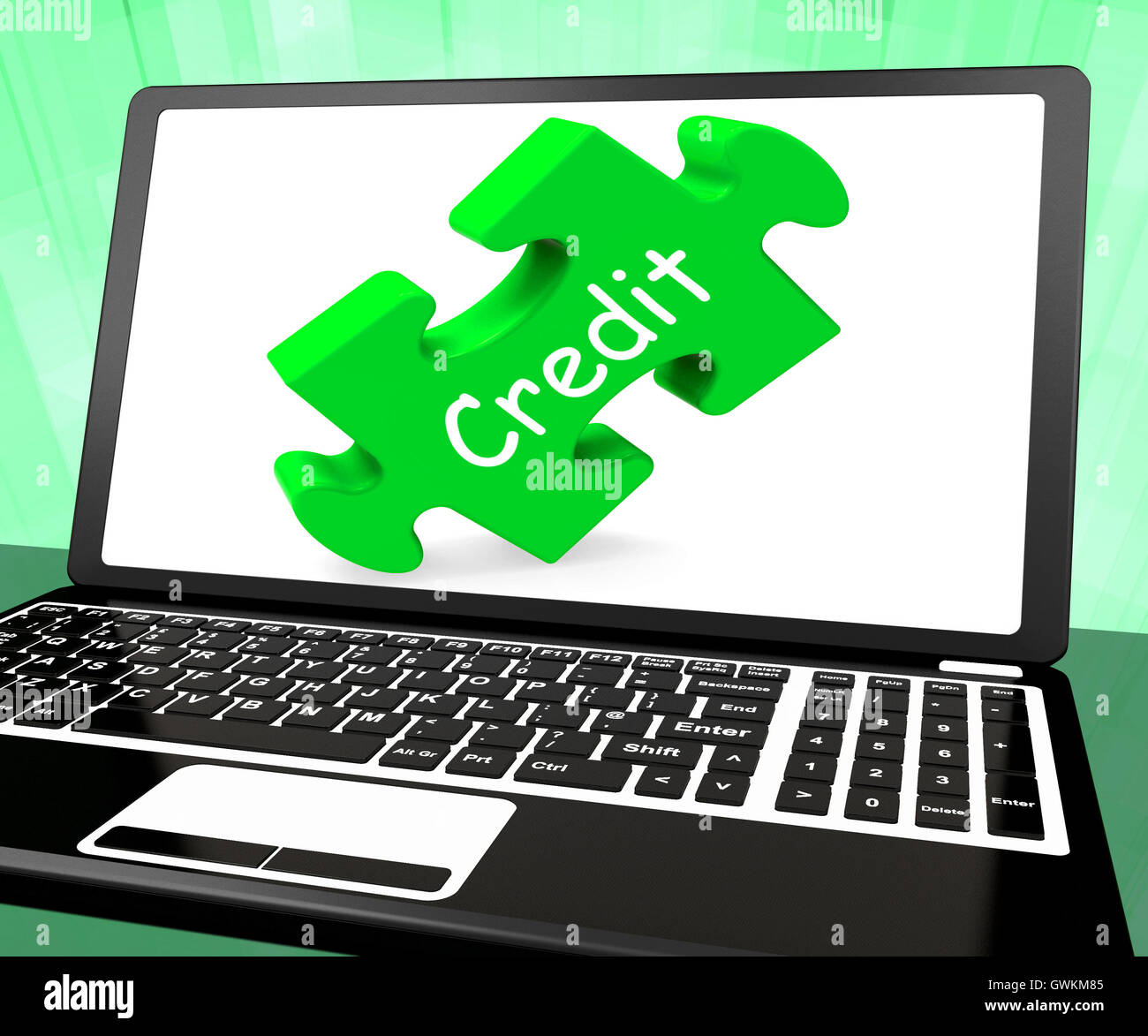Laptop zeigt Kreditfinanzierung oder Ausleihe für den Kauf Stockfoto