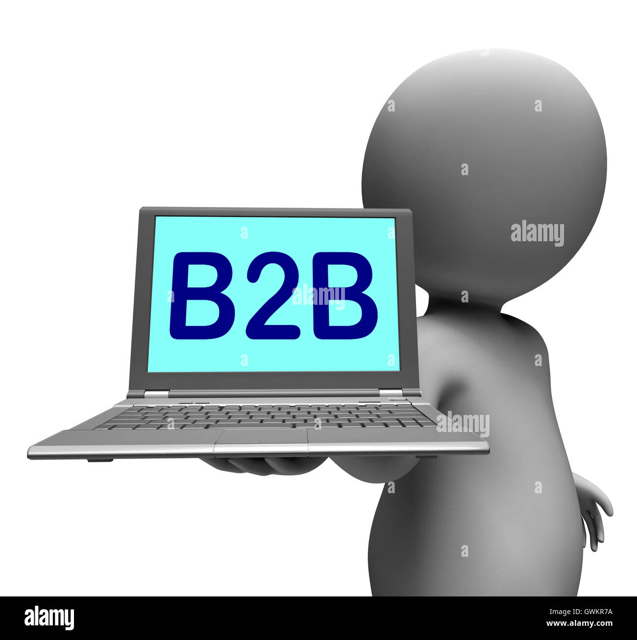B2B Laptop Charakter zeigt Business Handel und Gewerbe Online Stockfoto