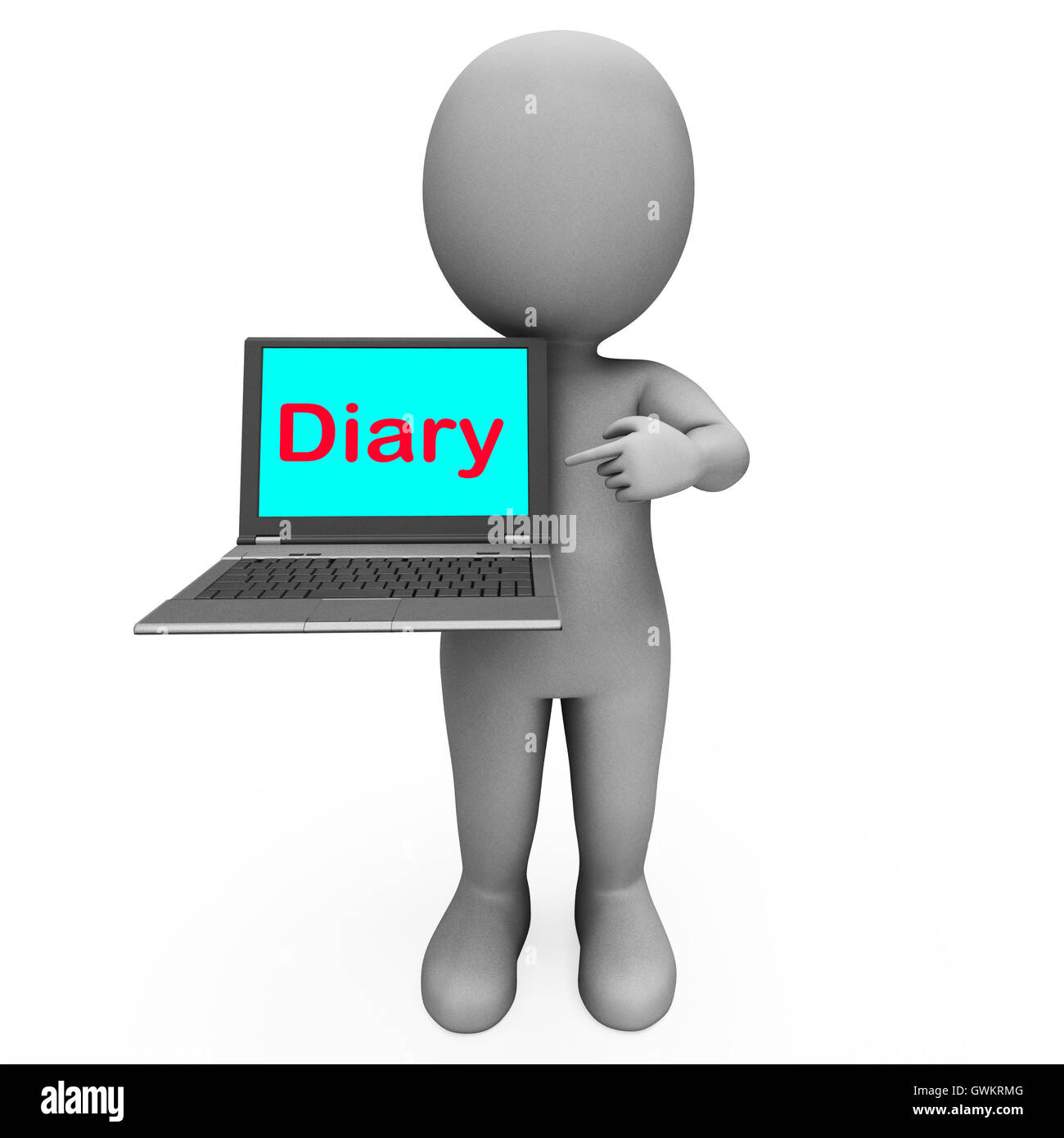 Tagebuch Laptop Charakter zeigt Online-Erinnerung oder Scheduler Stockfoto