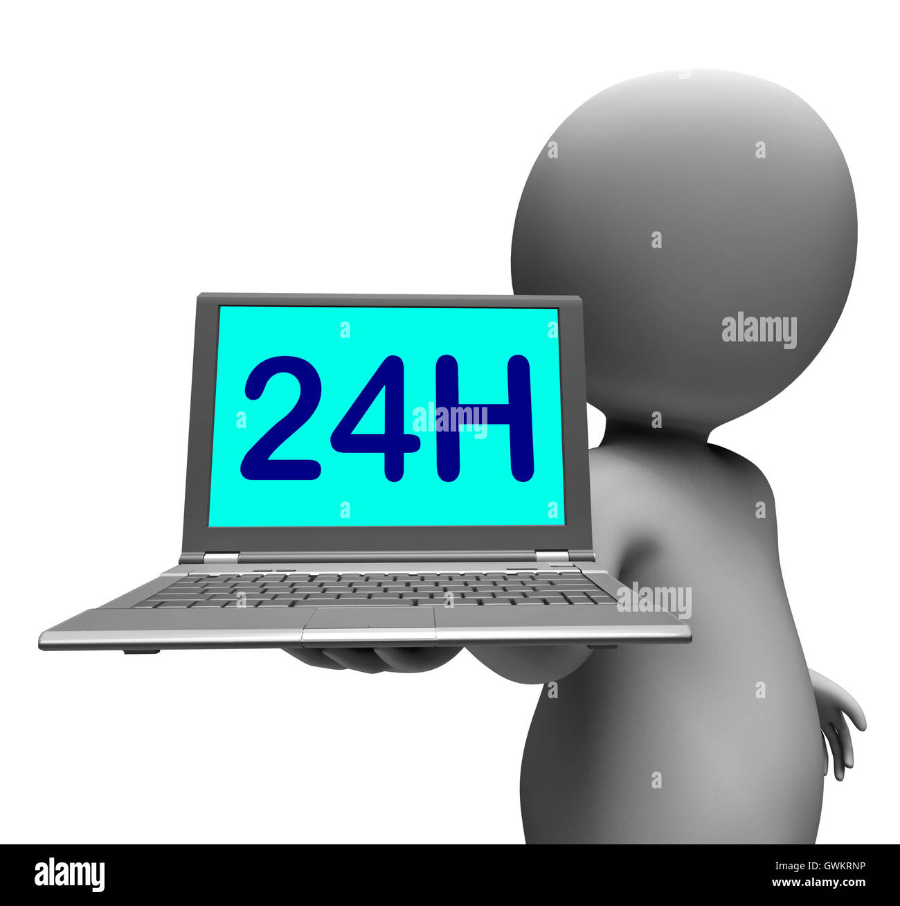 24h-Laptop und Charakter zeigt ganztägig offen im Web Stockfoto