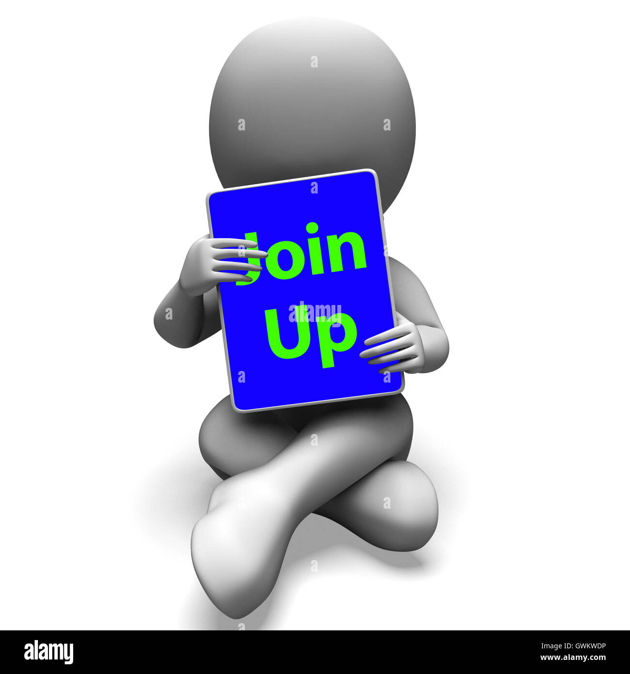Join Up Tablet Charakter zeigt Mitgliedschaft und Regis Stockfoto