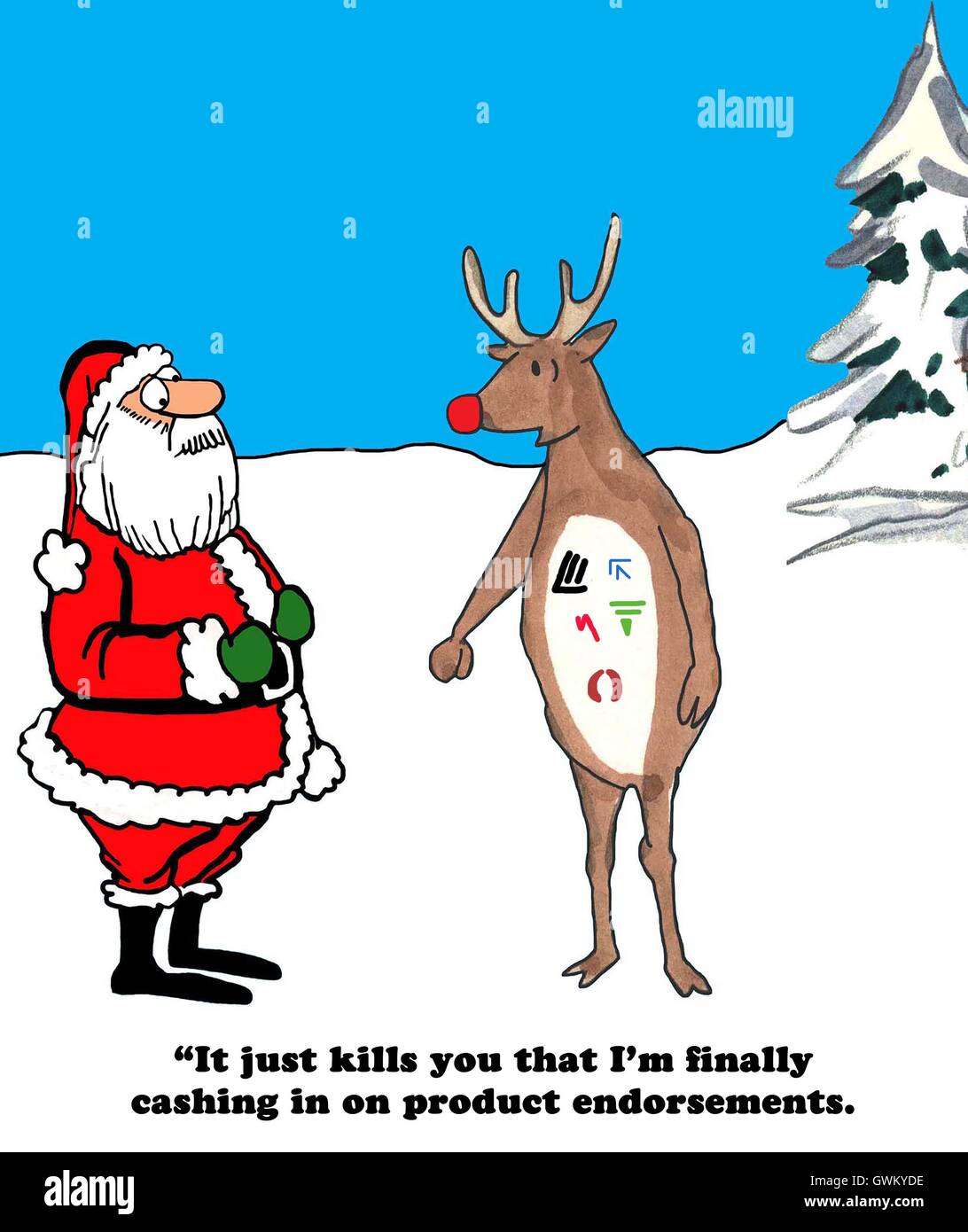 Farben Sie Einlösung auf Produkt-Vermerke und darüber zu reden, Santa Claus Weihnachten Cartoon der rotnasige Rentiere. Stockfoto
