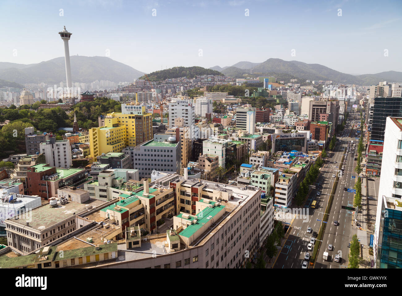 Von oben betrachtet Stadt Busan bei Tageslicht in Südkorea. Stockfoto