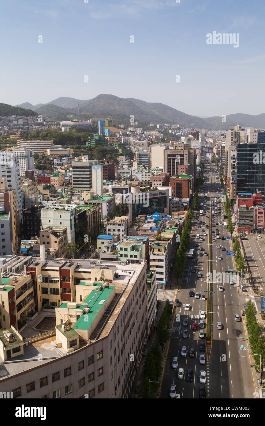 Von oben betrachtet Stadt Busan bei Tageslicht in Südkorea. Stockfoto
