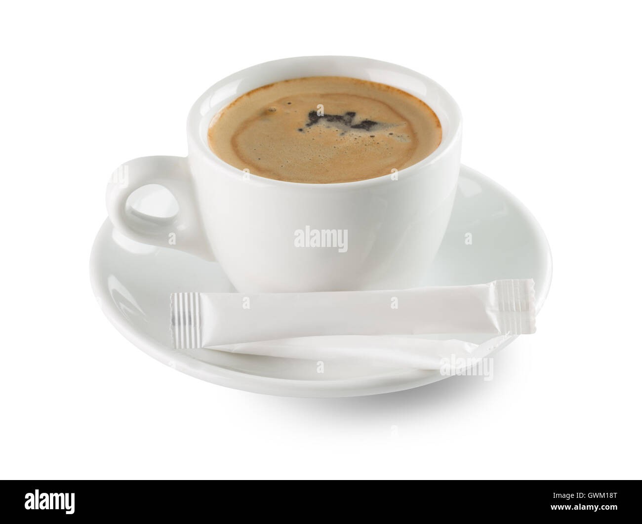 Tasse Kaffee auf dem weißen Hintergrund isoliert. Stockfoto