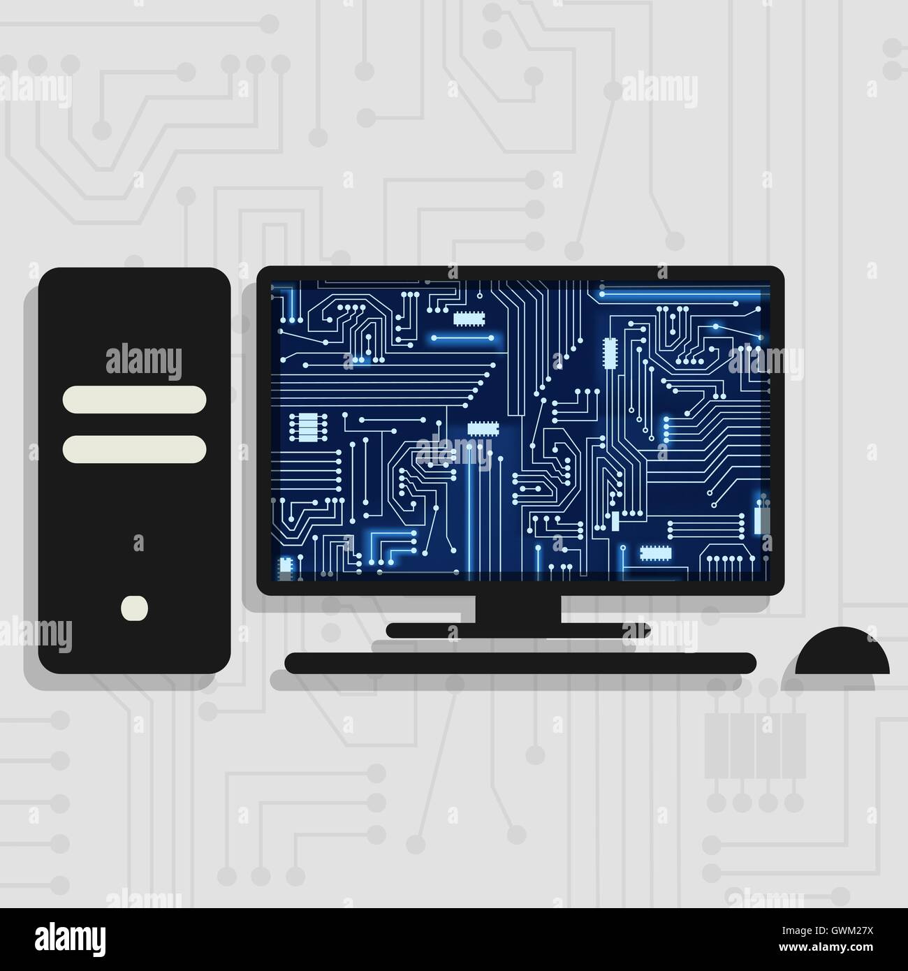 Computer mit Maus und Computer Turm elektronische Schaltungen im Monitor angezeigt. Stock Vektor