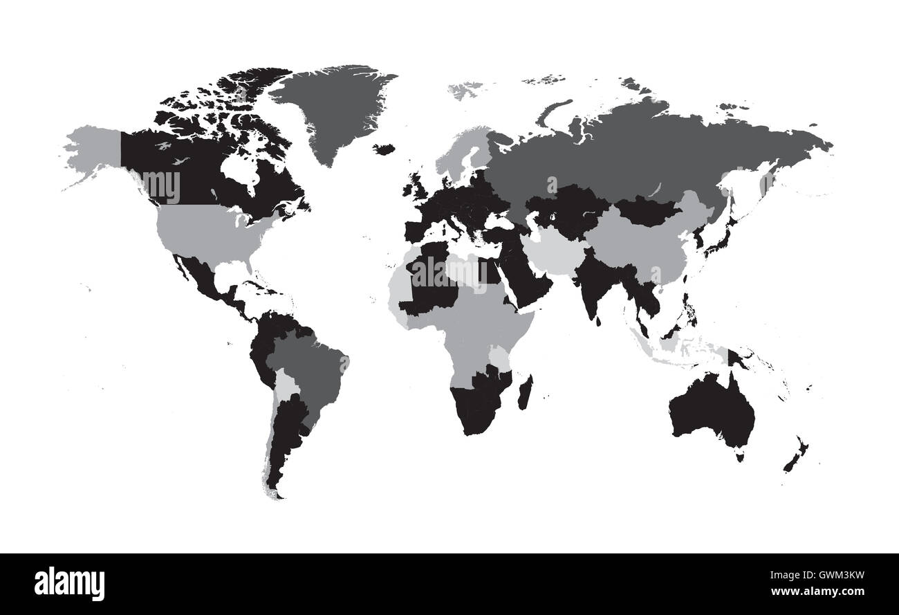 Welt Karte Vektor flach mit Ländern schwarz / weiß Stockfotografie - Alamy