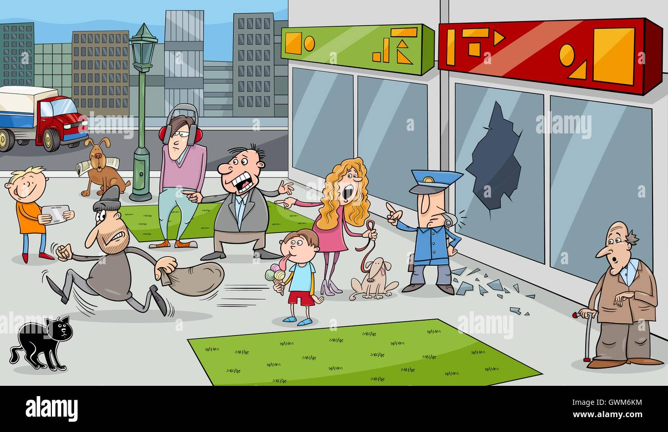 Cartoon-Illustration der Straße Situation mit fließendem Dieb und Schaulustigen Menschen Stock Vektor