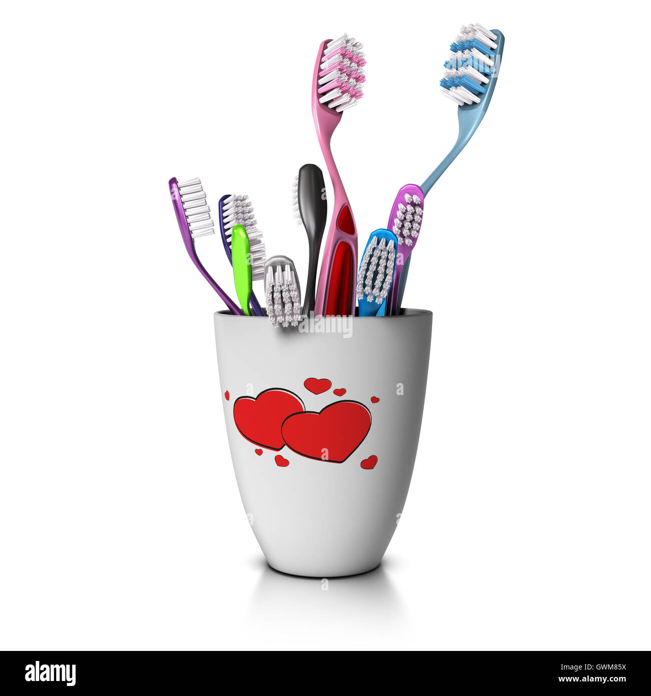 3D Abbildung einer Zahn-Tasse mit vielen Zahnbürsten, zwei für die Eltern und sieben für die Kinder. Konzept-Bild des großen fam Stockfoto