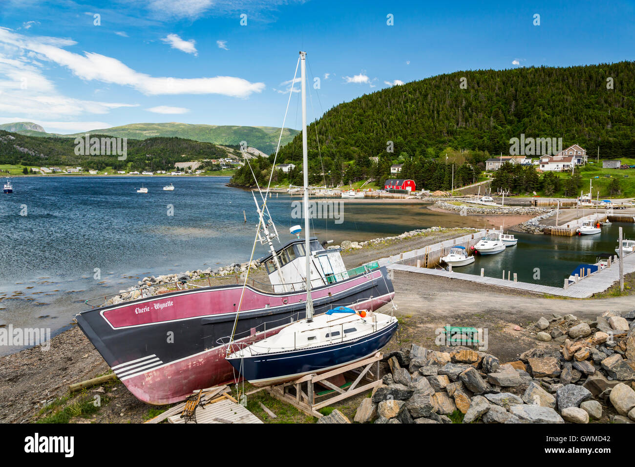 Angelboote/Fischerboote im Hafen von Norris Point, Neufundland und Labrador, Kanada. Stockfoto