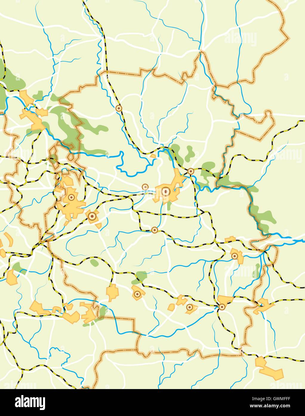 Geodätische Karte von The Land mit Städten, Städte, Flüsse, Eisen, Möglichkeiten und Grenzen Stock Vektor