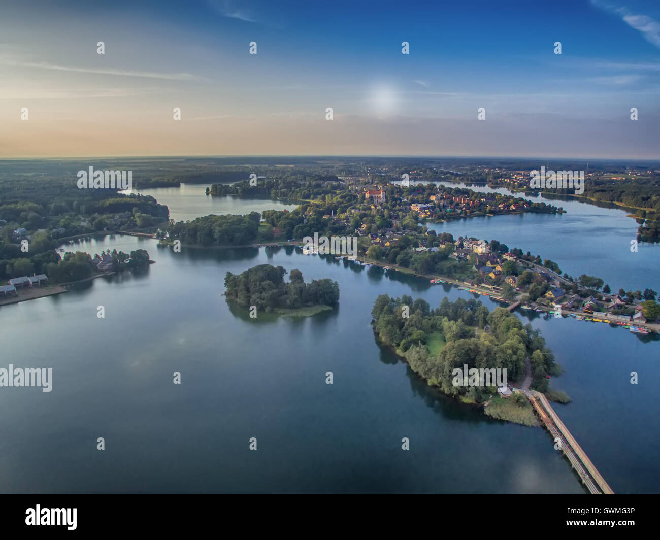 Luftbild Drohne Top von Trakai, Litauen Stockfoto