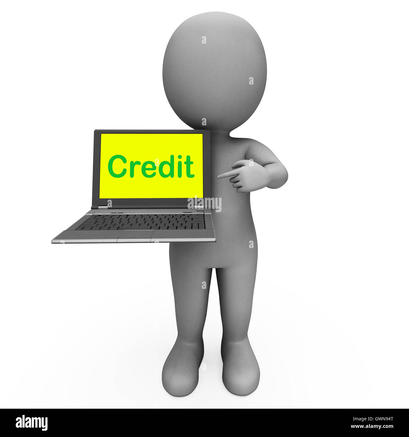 Kredit Laptop Charakter zeigt, Finanzierung oder Darlehen für den Kauf Stockfoto