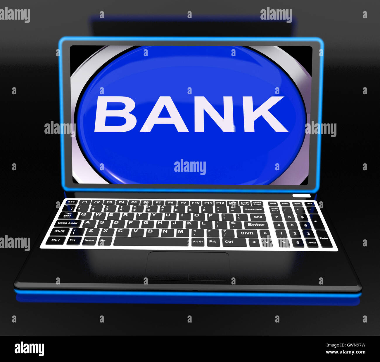 Bank auf Laptop zeigt Web Www oder Electronic Banking Stockfoto