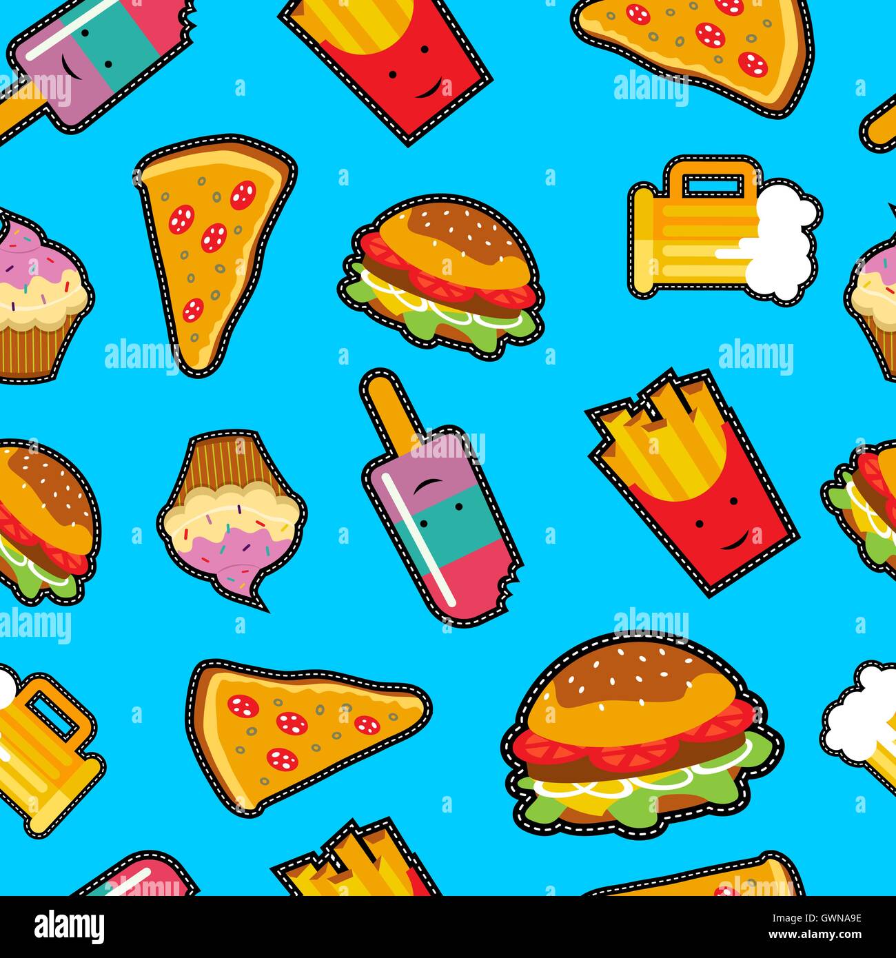 Nahtlose Muster mit leuchtenden Farben Cartoon Fastfood Patches. Pizza, Bier, Burger und vieles mehr umfasst. EPS10 Vektor. Stock Vektor