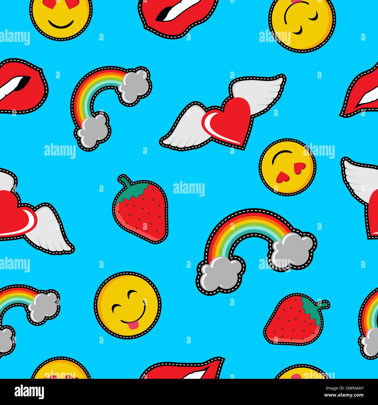 Trendige Musterdesign mit niedlichen Deko-Elemente, Regenbogen, Herz und Emoji in bunten Cartoon-Stil. EPS10 Vektor. Stock Vektor