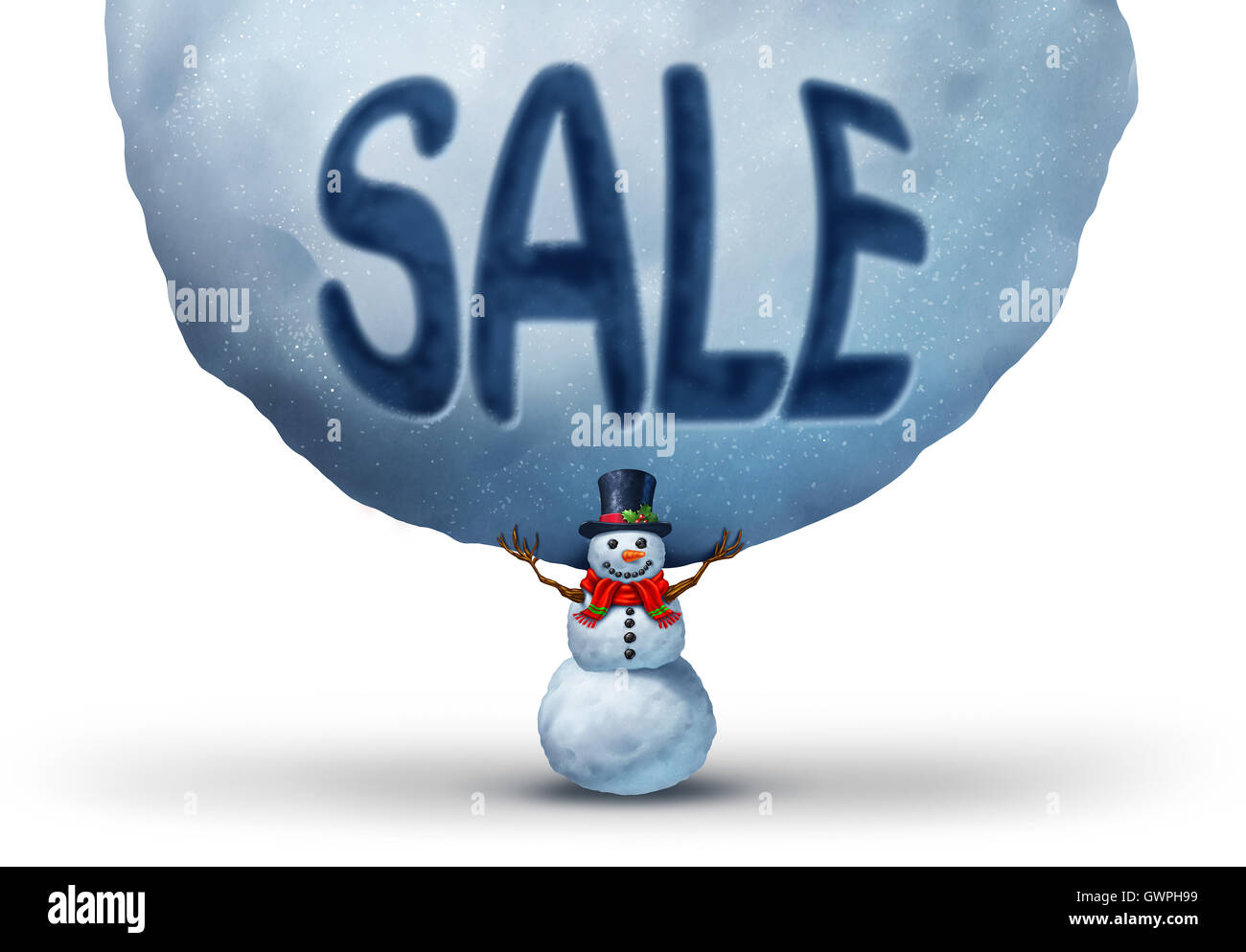 Winter-Verkauf-Symbol mit einem Schneemann Anheben einer riesigen Schneeball mit Text geprägte im Schnee als Retail Marketing und Promotion Symbol werben ein Chritmas-Specials oder Urlaub Rabatte mit 3D Abbildung Elemente. Stockfoto