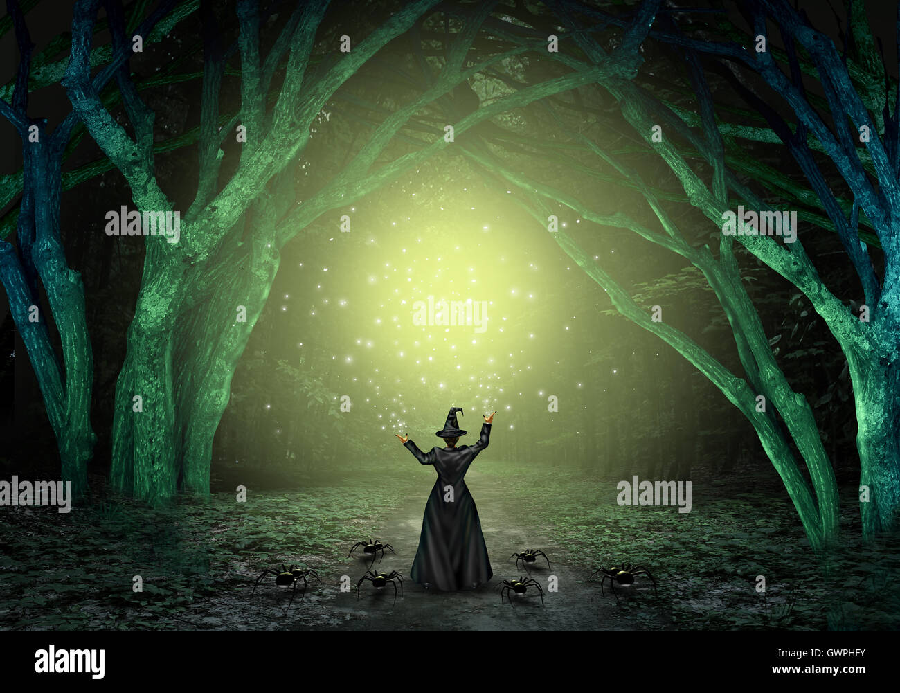 Magische Hexe magische Zauber in einem unheimlich dunkles Geheimnis Wald als böser Zauberer ein glitzerndes grünes Leuchten als Halloween-Hintergrund mit Text-Raum mit 3D Abbildung Elemente erstellen. Stockfoto