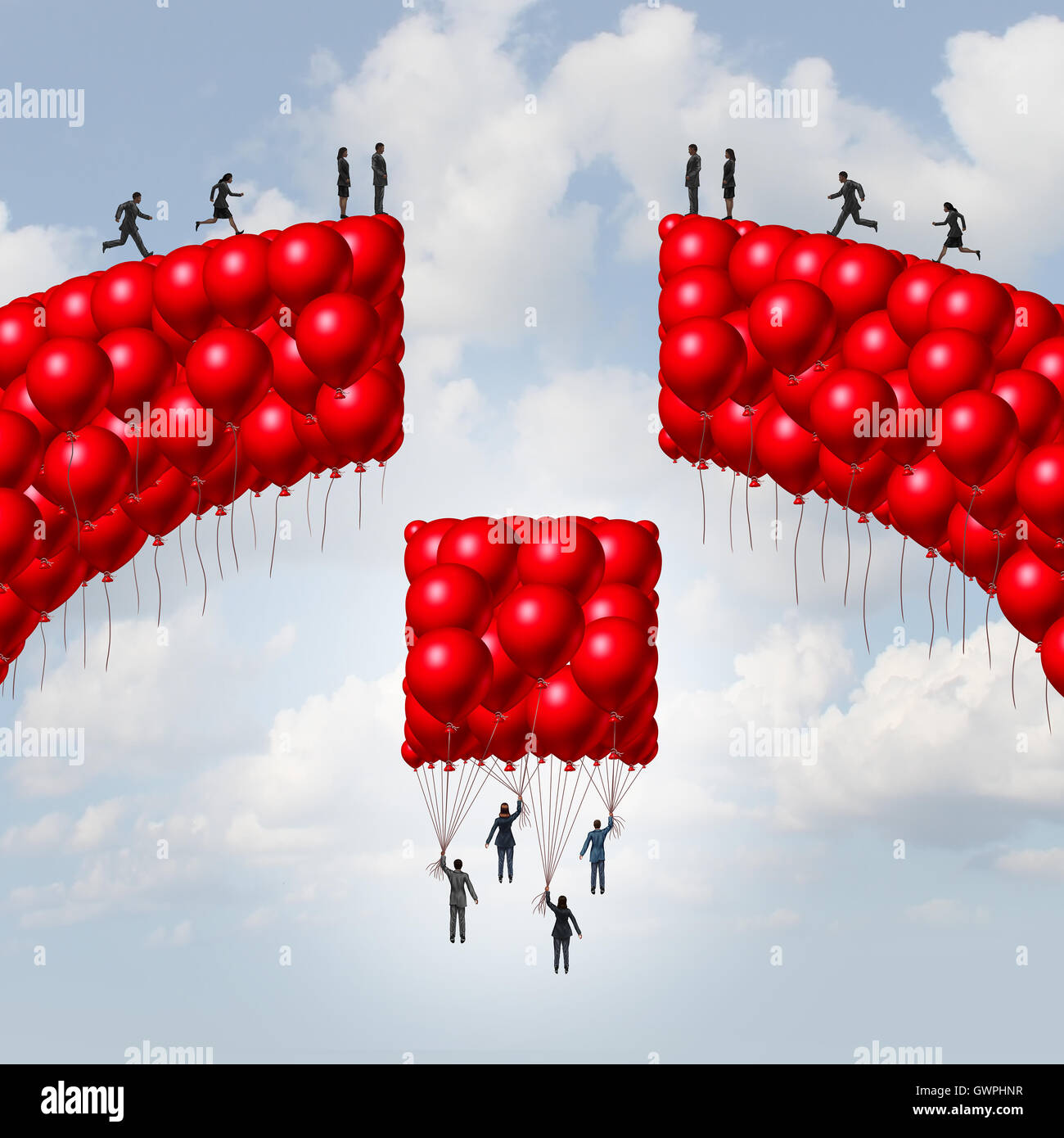 Management Team-Business-Konzept als eine Gruppe von Ballons als eine kaputte Brücke mit Führer erhebt sich mit einer Ballon-Kollektion die Lücke als Lösung Metapher für Teamarbeit und globale Einheit Symbol mit 3D Abbildung Elementen geprägt. Stockfoto