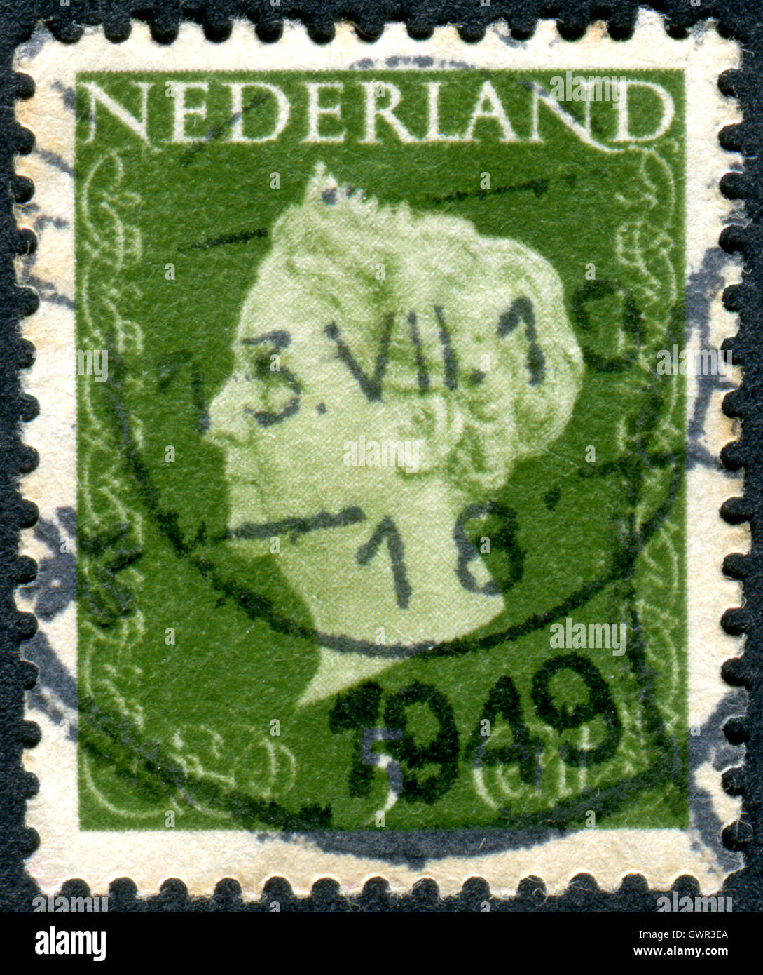 Niederlande - CIRCA 1948: Eine Briefmarke gedruckt in den Niederlanden zeigt Wilhelmina der Niederlande, ca. 1948 Stockfoto