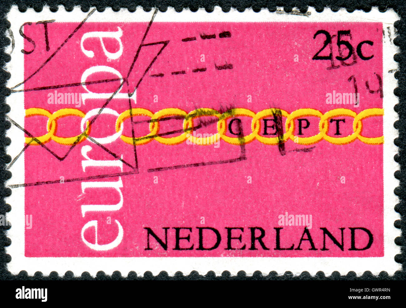 Niederlande - ca. 1971: Briefmarke gedruckt in den Niederlanden, abgebildeten Brüderlichkeit, Kooperation, gemeinsame Anstrengung, ca. 1971 Stockfoto