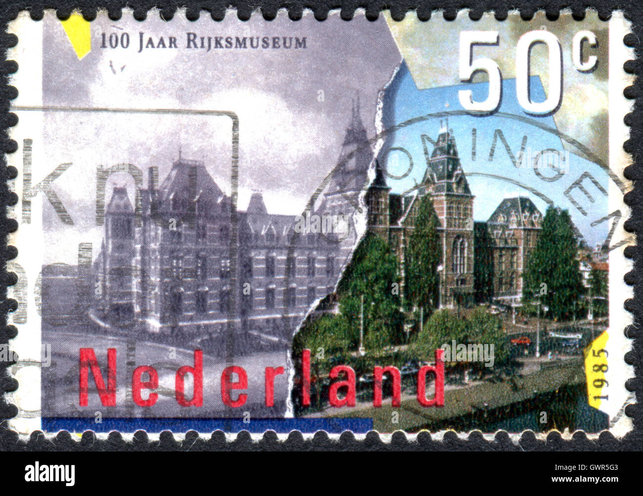 Briefmarke gedruckt in den Niederlanden, gewidmet den hundertsten Jahrestag des National Museum of Fine Arts, Amsterdam Stockfoto