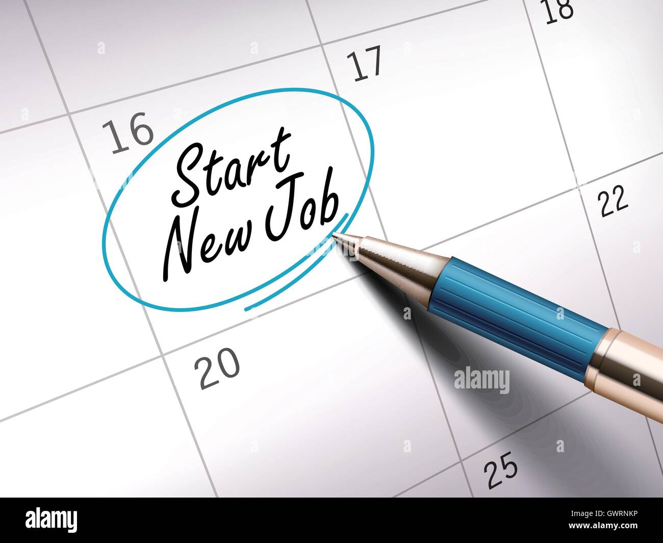 neuen Job Worte Kreis markiert in einem Kalender von einem blauen Kugelschreiber zu starten. 3D illustration Stock Vektor
