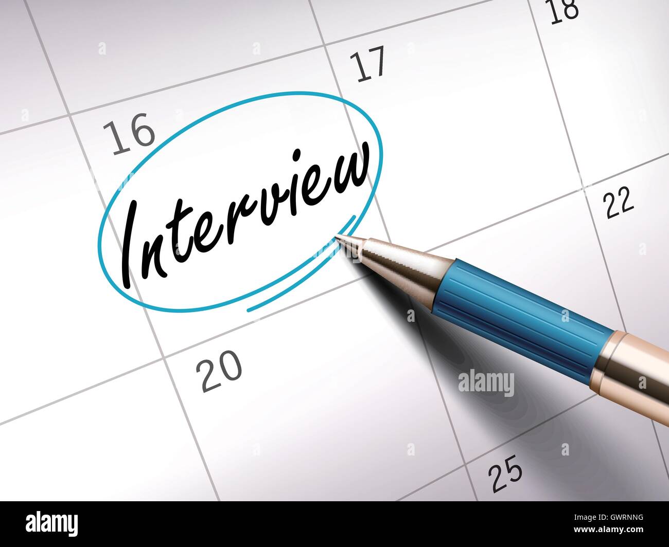 Interview Wort Kreis auf einen Kalender von einem blauen Kugelschreiber markiert. 3D illustration Stock Vektor
