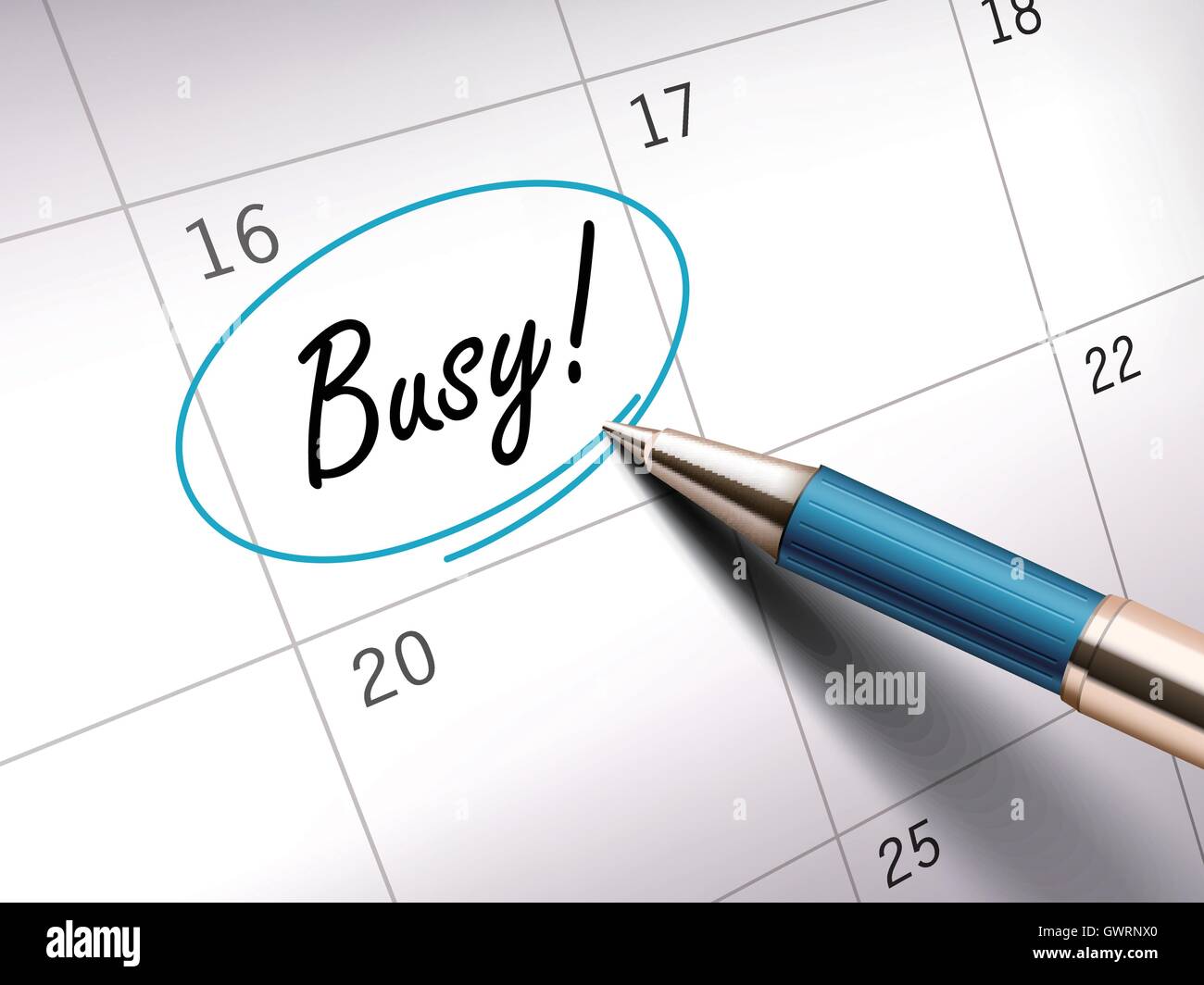 Beschäftigt Worte Kreis markiert in einem Kalender von einem blauen Kugelschreiber Stock Vektor