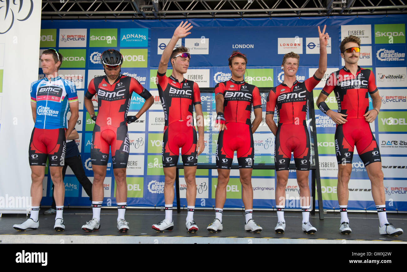 Tour durch Großbritannien Stufe 8 final im Zentrum von London, 11. September 2016, BMC Racing Team vor dem Rennen lineup Stockfoto