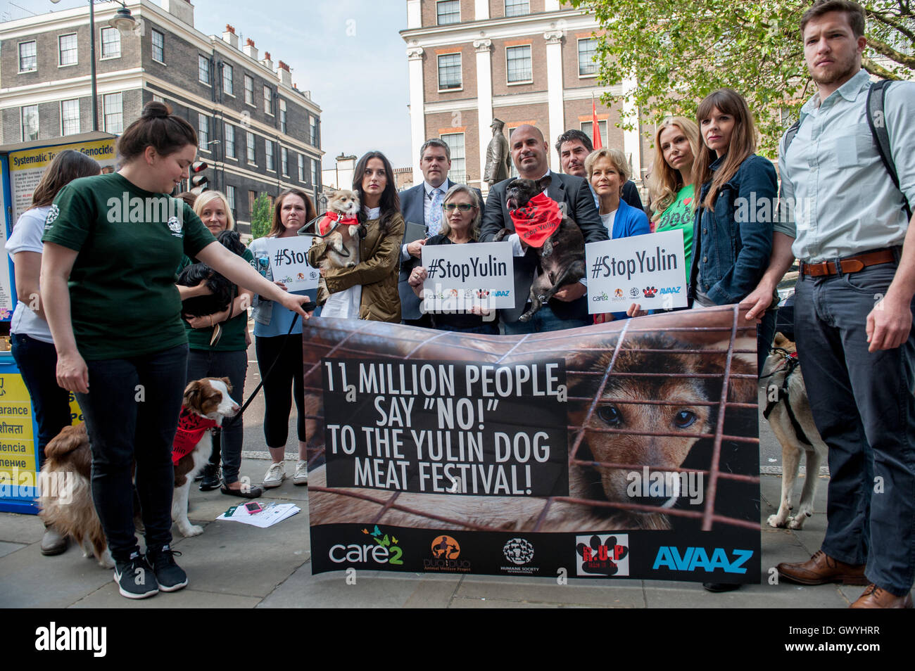 Schauspielerin Carrie Fisher, Prinzessin Lea in den Star Wars Filmen spielt, verbindet Aktivisten zum protest gegen die chinesische Yulin Hundefest Fleisch. Demonstranten versammelten sich bei der chinesischen Botschaft in London und wurde versucht, die hand in einer 11 Millionen Unterschrift Stockfoto