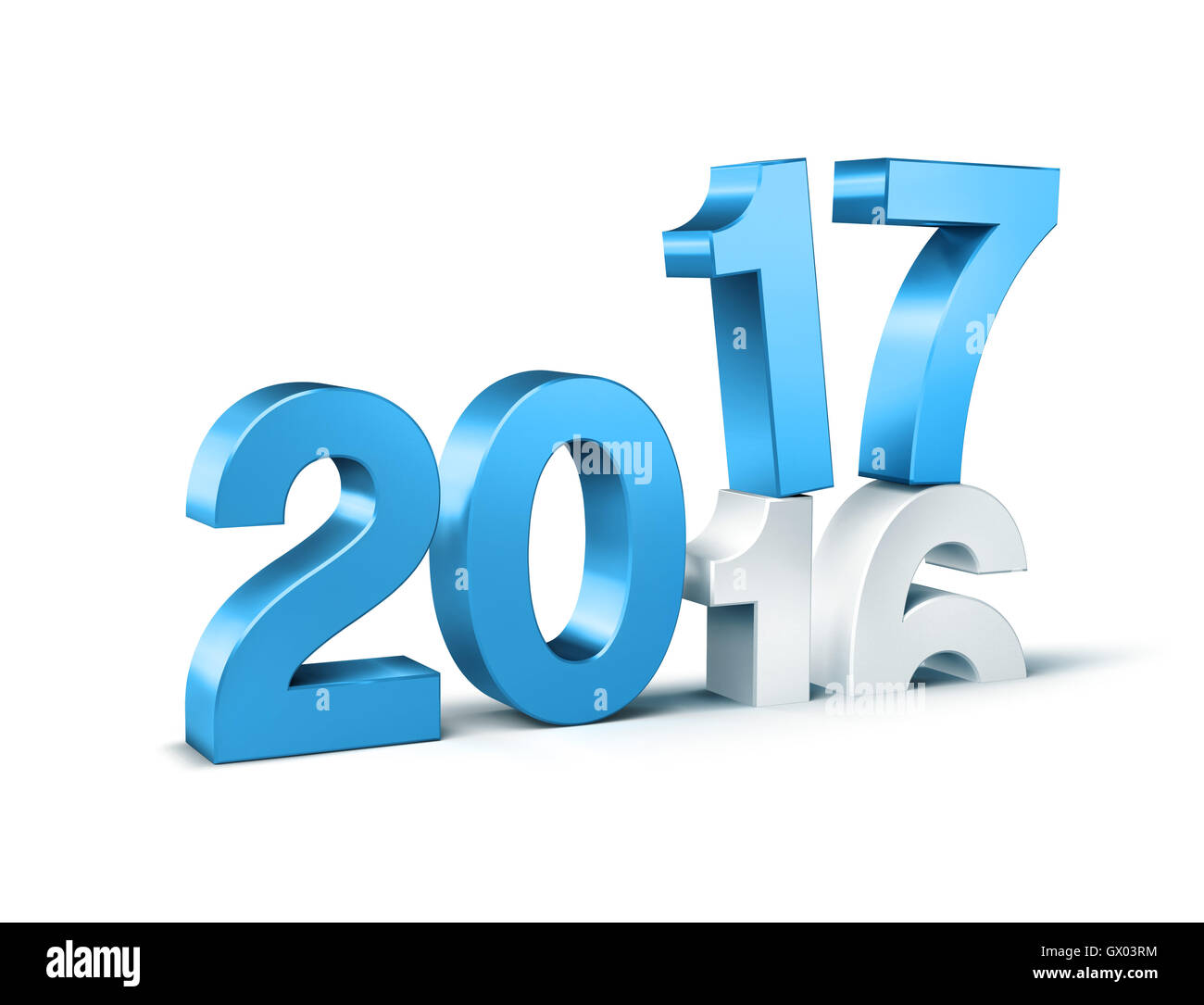 Neue Jahr 2017 Typ blau über 2016, isoliert auf weiss - 3D-Illustration Stockfoto