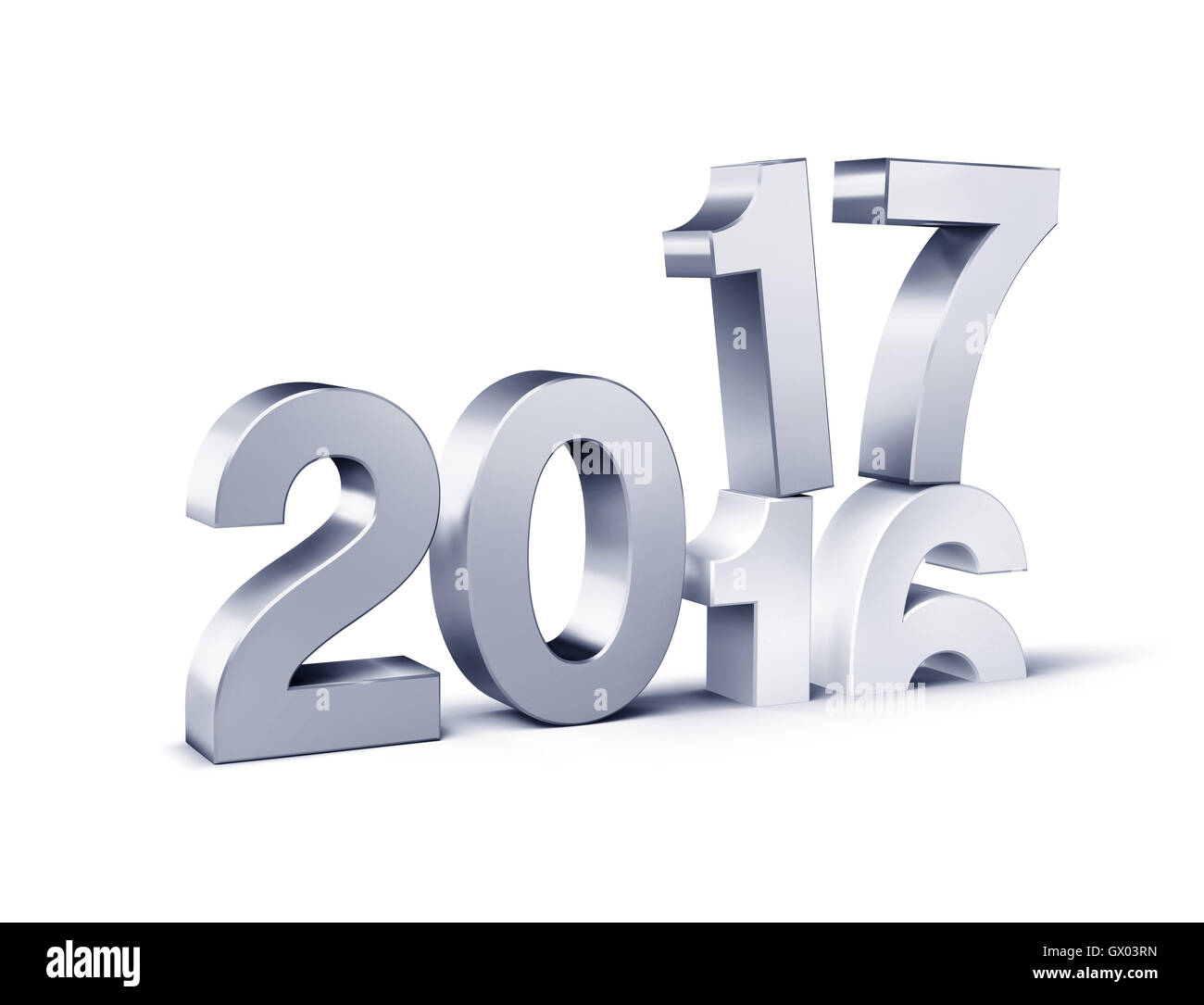 Neue Jahr 2017 Typ Silber über 2016, isoliert auf weiss - 3D-Illustration Stockfoto