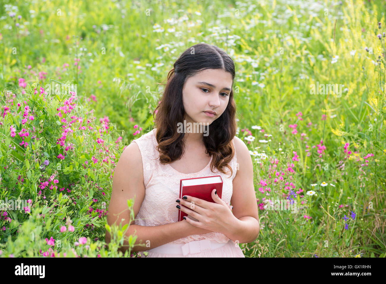 Romantisches Mädchen Lesen eines Buches auf Natur Stockfoto